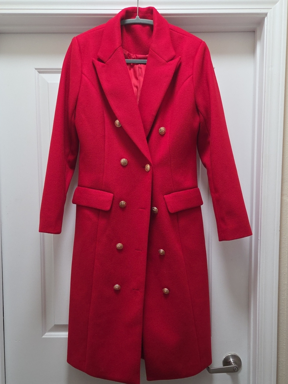 Women's Red Double-Breasted Pea Coat with Gold Buttons